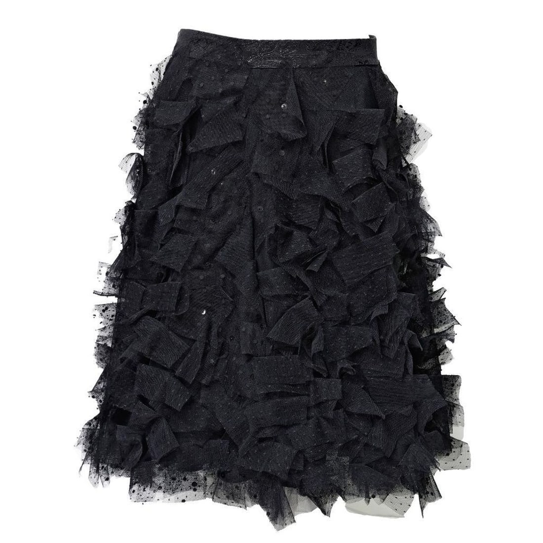 Monique Lhuillier Black Tulle Party Skirt (Sz 10): The Monique Lhuillier labeled black midi skirt of pieced sequined tulle "ruffles" on tulle layer, over a 100% silk underskirt. Labeled Size 10; elastic waist; length approx. 27". Excellent vintage con