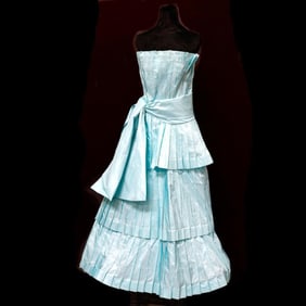 Arnold Scaasi Couture Ice Blue Pleated Ball Gown (Sz 10), With Wrap