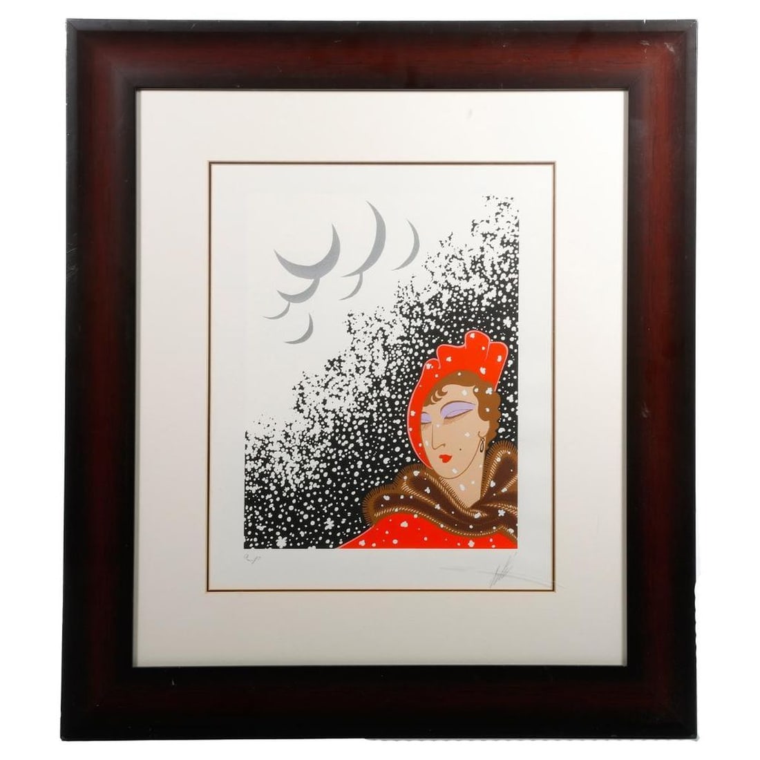 Erte (Romain De Tirtoff), Four Seasons-Winter Print: Artist: Romain Erte De Tirtoff Erte (1892-1990). Title: Seasons-Winter Depicting Lady with Fur Collar in Snow Storm. Signed lower left in pencil "AP" and Erte in lower left. Date: circa 1982. Medium: