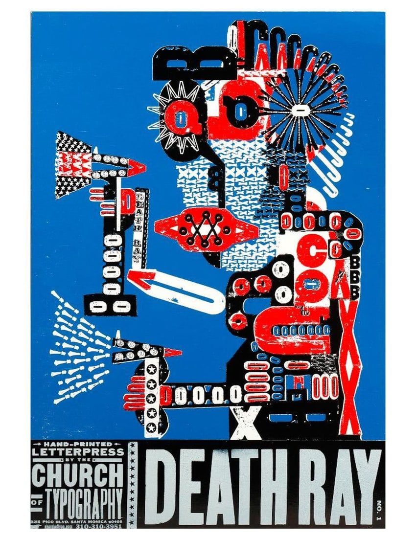 Kevin Bradley, Death Ray Robot Print.: Artist: Kevin Bradley (21st Century); The Church of Typography. Title/Description: Death Ray, No. 1. Signature: Signed and inscribed verso. Medium: Artist's proof woodblock print. Size: 23