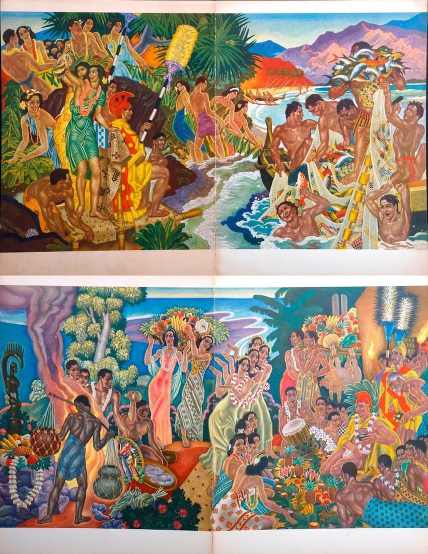 Vintage Matson Line Menus, Art by Eugene Savage (9): EUGENE FRANCIS SAVAGE (1883-1978). Group of nine menus from the Matson Line, S.S. Lurline, featuring the art of Eugene Savage, dated 1950 (1) and 1951, various days (8). 13 3/4" x 10 1/2" (13 3/4" x 2