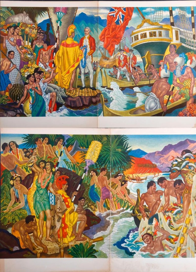 Vintage Matson Line Menus, Art by Eugene Savage (9): EUGENE FRANCIS SAVAGE (1883-1978). Group of nine menus from the Matson Line, S.S. Lurline, featuring the art of Eugene Savage, dated 1950 (1) and 1951, various days (8). 13 3/4" x 10 1/2" (13 3/4" x 2