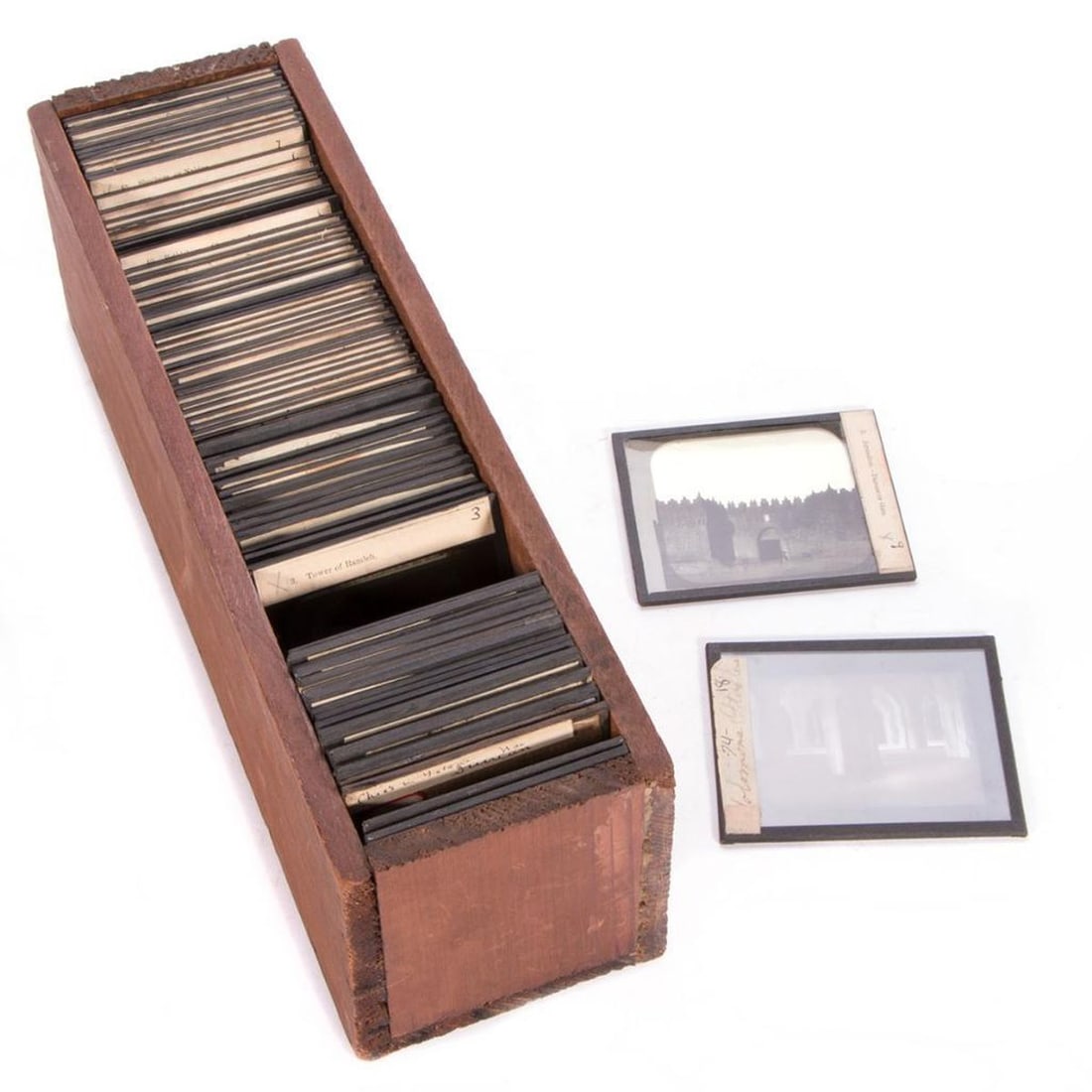 Set of 19th Century Glass Slides of the Holy Land: A box of approx.ninety 19th century glass slides of the Holy Land, each measuring 31/4 inches x 4. Some of the slides are from T. M. McAllister, manufacturing optician, 48 Nassau Street, New York