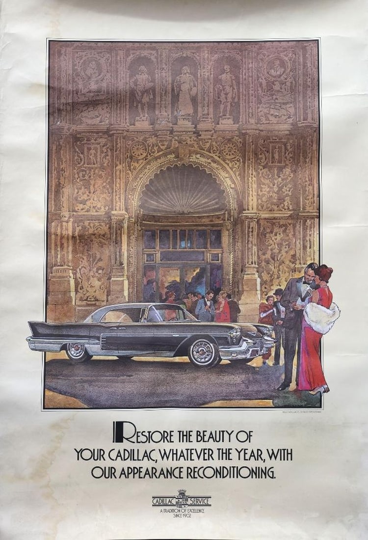 Cadillac Service Poster, Henry Kolodziej Illustration: Cadillac service advertising poster: Restore the Beauty of Your Cadillac, Whatever the Year, With Our Appearance Reconditioning. Illustration by Henry Kolodziej (1929-2018) titled "1958 Cadillac