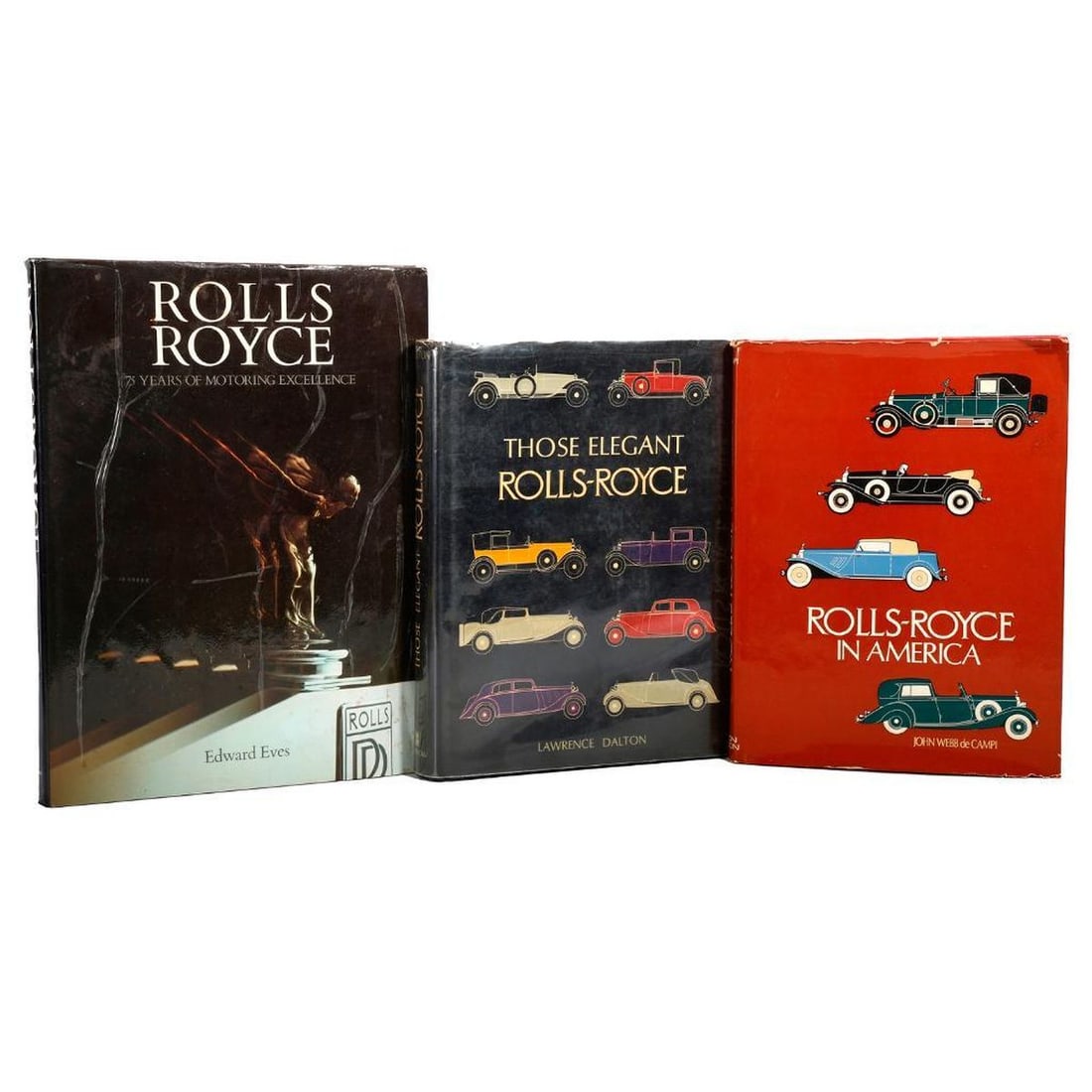 Rolls-Royce in America, with two others: 1.) DE CAMPI, JOHN WEBB. Rolls-Royce in America. London: Dalton Watson Ltd., 1975 (First Edition). 4to. Red paper over boards; pictorial endpapers; dust jacket. Black and white photo illustrations
