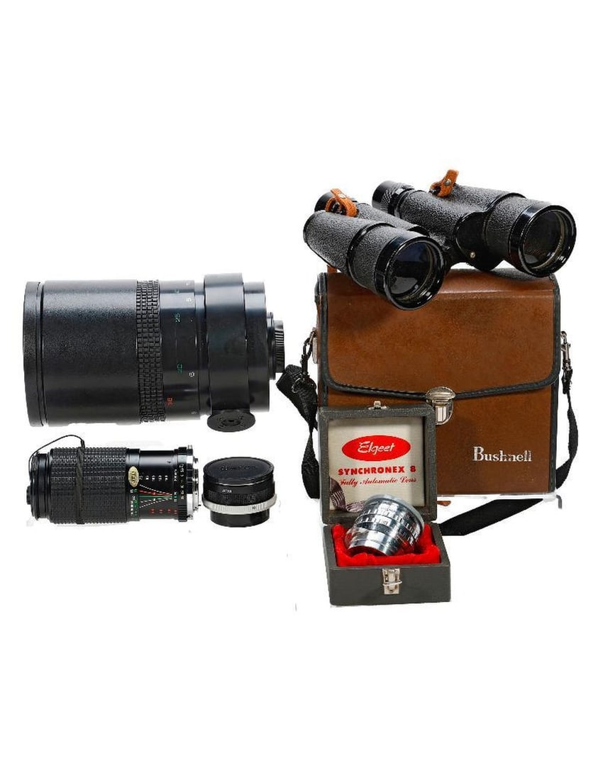 Neptun Binoculars, and Assorted Camera Lenses.: A pair of vintage Neptun S.K.S. Coated Lens binoculars, 7 x 5 mm; Field 7.1 degrees, No. 13420 (in mis-matched Bushnell carrying case); together with a Makpo mirrored telescopic lens and fil