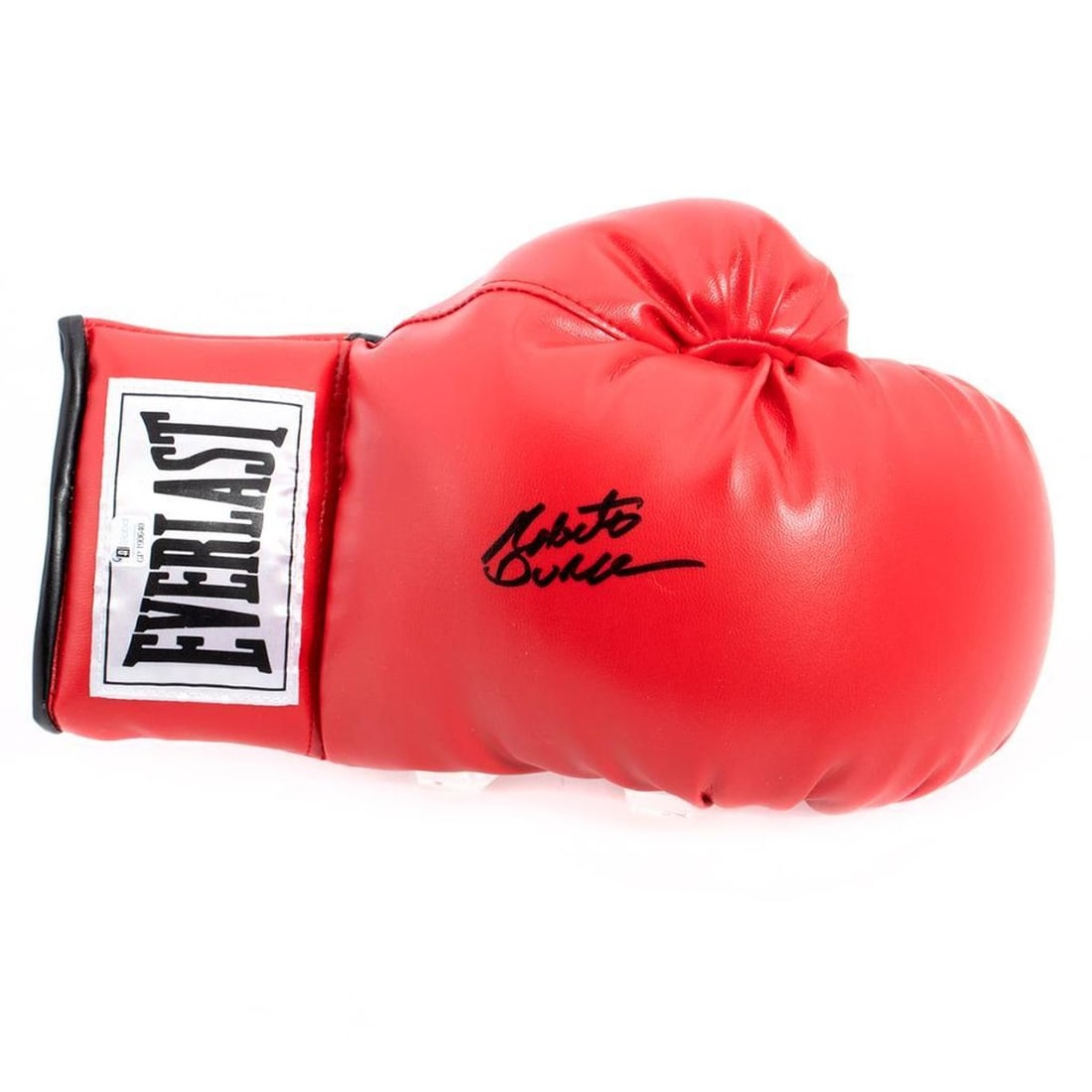 Autographed Roberto Duran boxing glove: Autographed Roberto Duran boxing glove with display case. H: 8.5 inches. W: 15 inches. Depth: 9.5 inches.