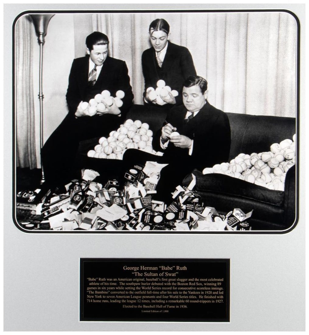 Babe Ruth Image: Framed Babe Ruth Image "Signing Baseballs". Frame: 29 1/2 x 27 3/4 inches. Depth: 1 inch.