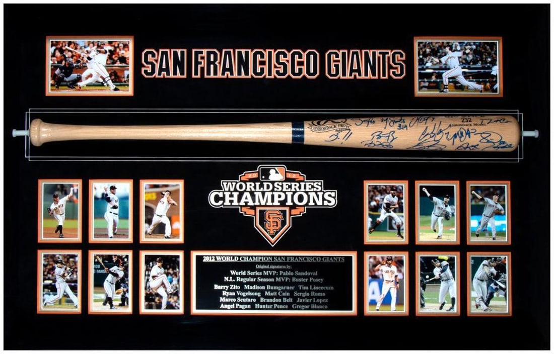 San Francisco Giants 2012 World Series Champions Team Signed Bat: Framed San Francisco Giants 2012 World Series Champions Team Signed Bat. Frame: 26 1/2 x 39 1/2 inches. Depth: 5 1/4 inches.
