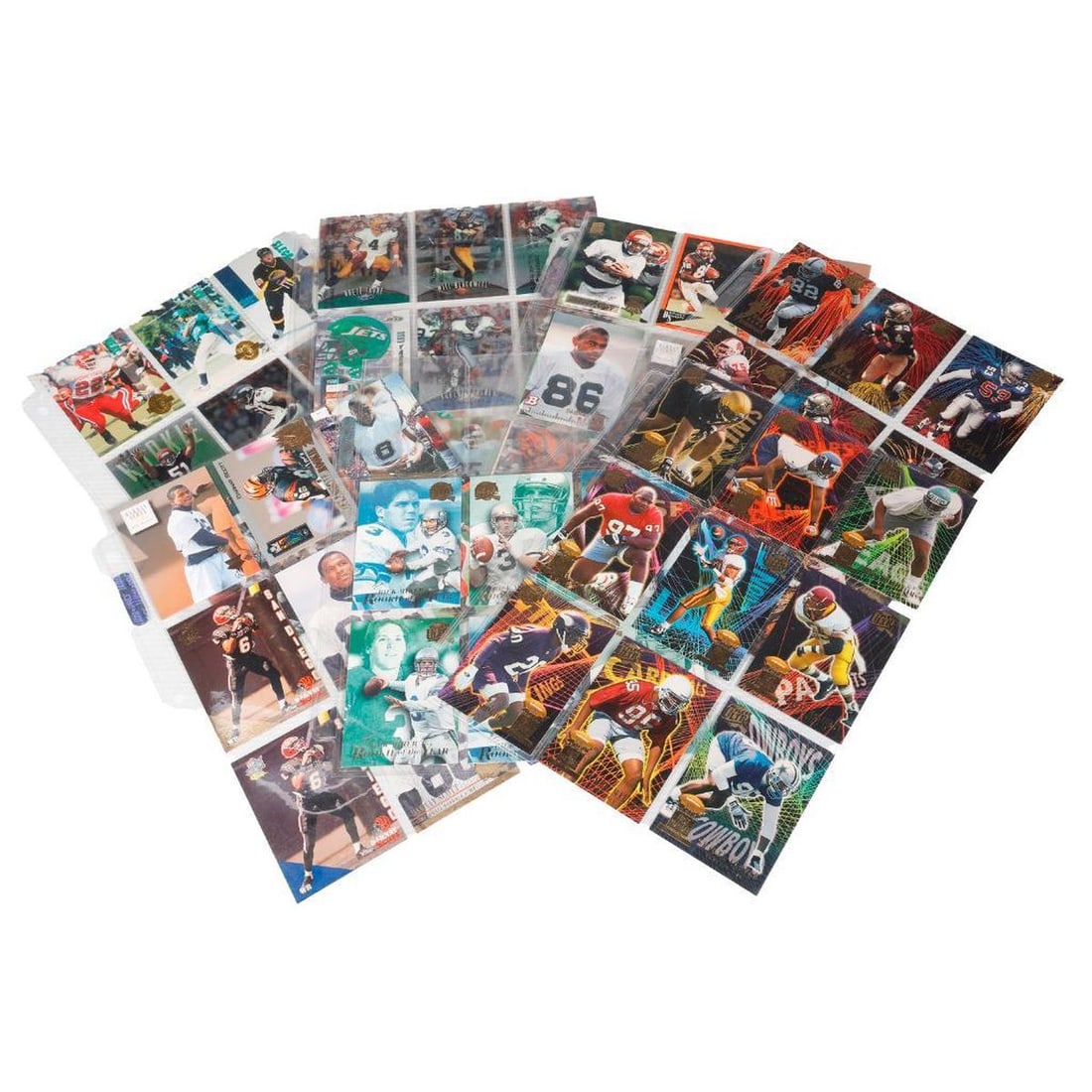 Collection of Football Trading Cards: 1990s. A group of approx. 60 various football/rookie trading cards, including Topps, Pinnacle, Fleer Ultra, and Classic; some duplicates, including Eric Curry and Tyrone Hughes.