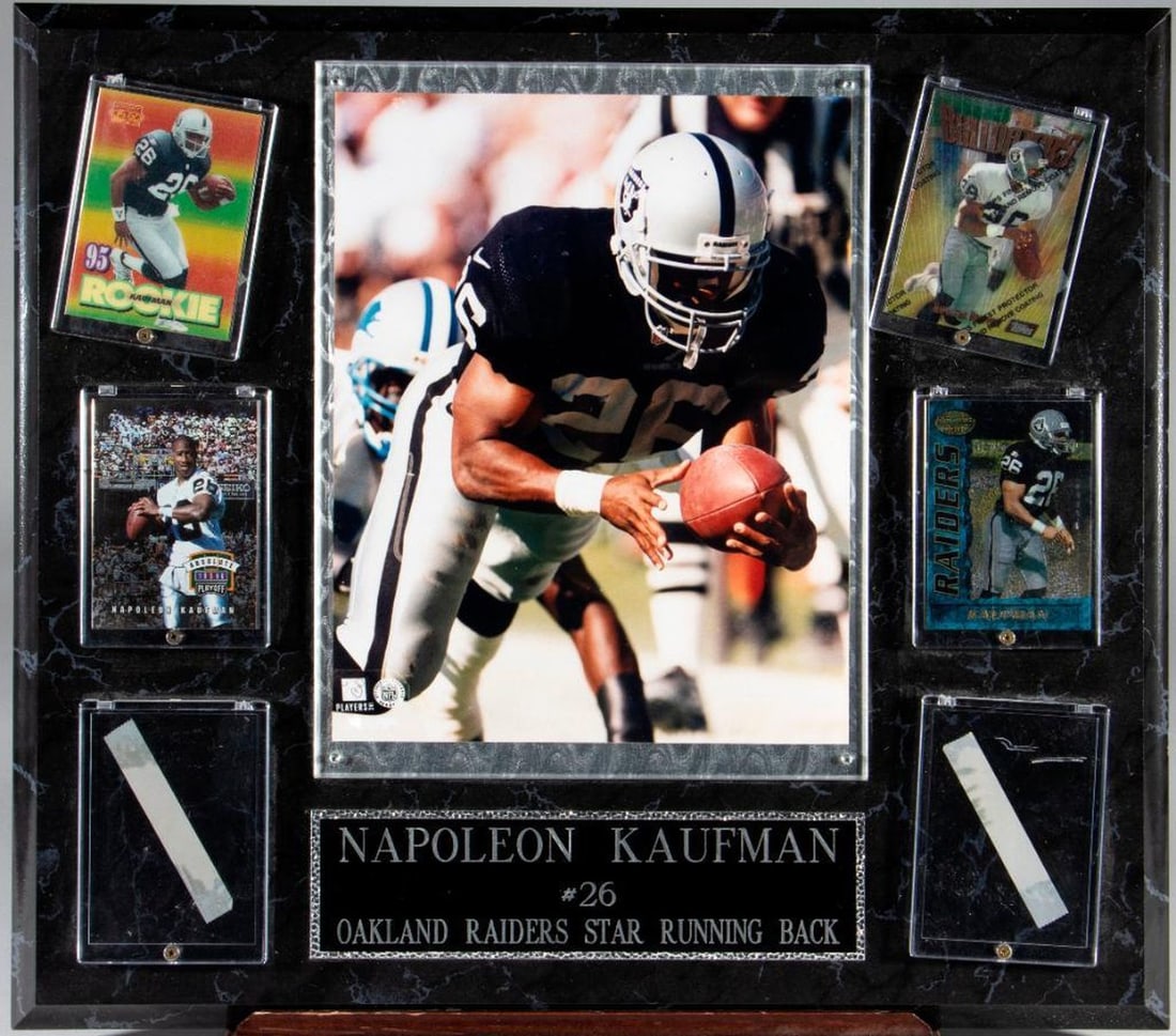 Napoleon Kaufman #26 Raiders: Napoleon Kaufman #26 Raiders Framed photo and four cards. 16 x 18 inches.