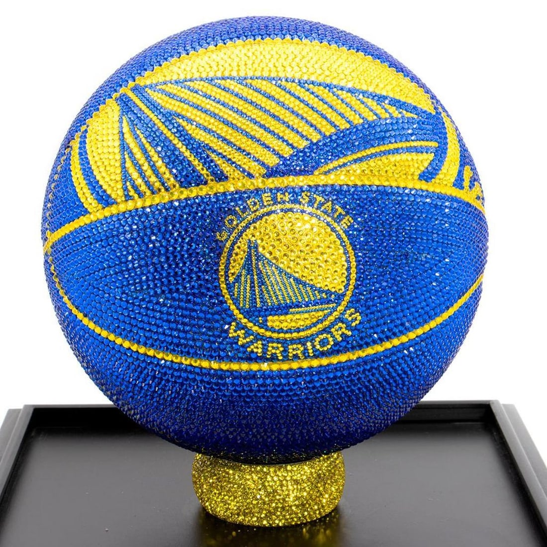 NBA Golden State Warriors Basketball Made with Swarovski Crystals: NBA Golden State Warriors Basketball Made with Swarovski Crystals with display case and metal case. H: 11.5 inches. W: 13 inches. Depth: 13 inches.