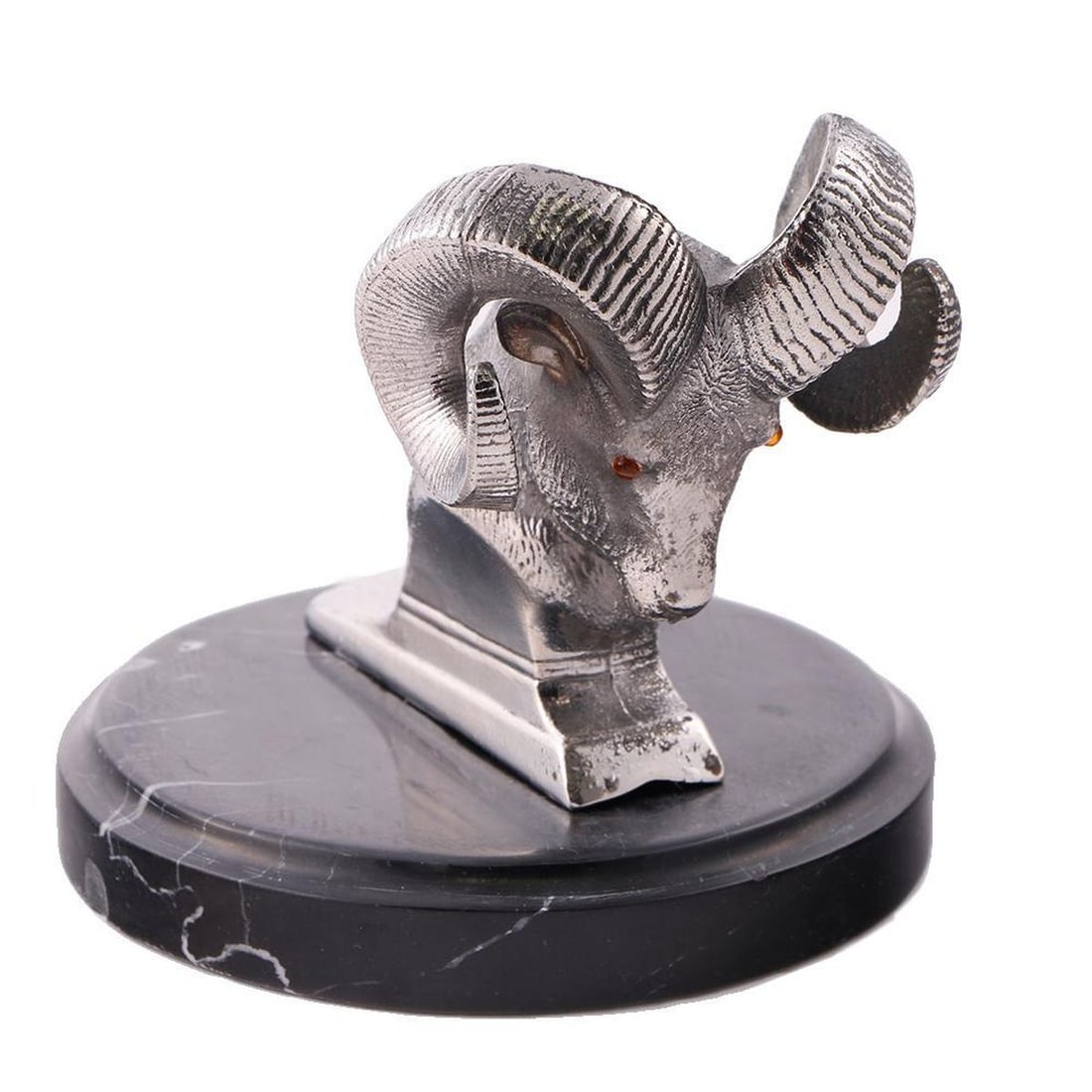 1960s Dodge Hood Ornament, Little Red Ram: 1960s Dodge hood ornament "Little red RAM logo" with orange glass eyes. Condition: overall condition good. Mounted on a metal base. Size:4 1/2 inches in height by 5 inches in diameter.