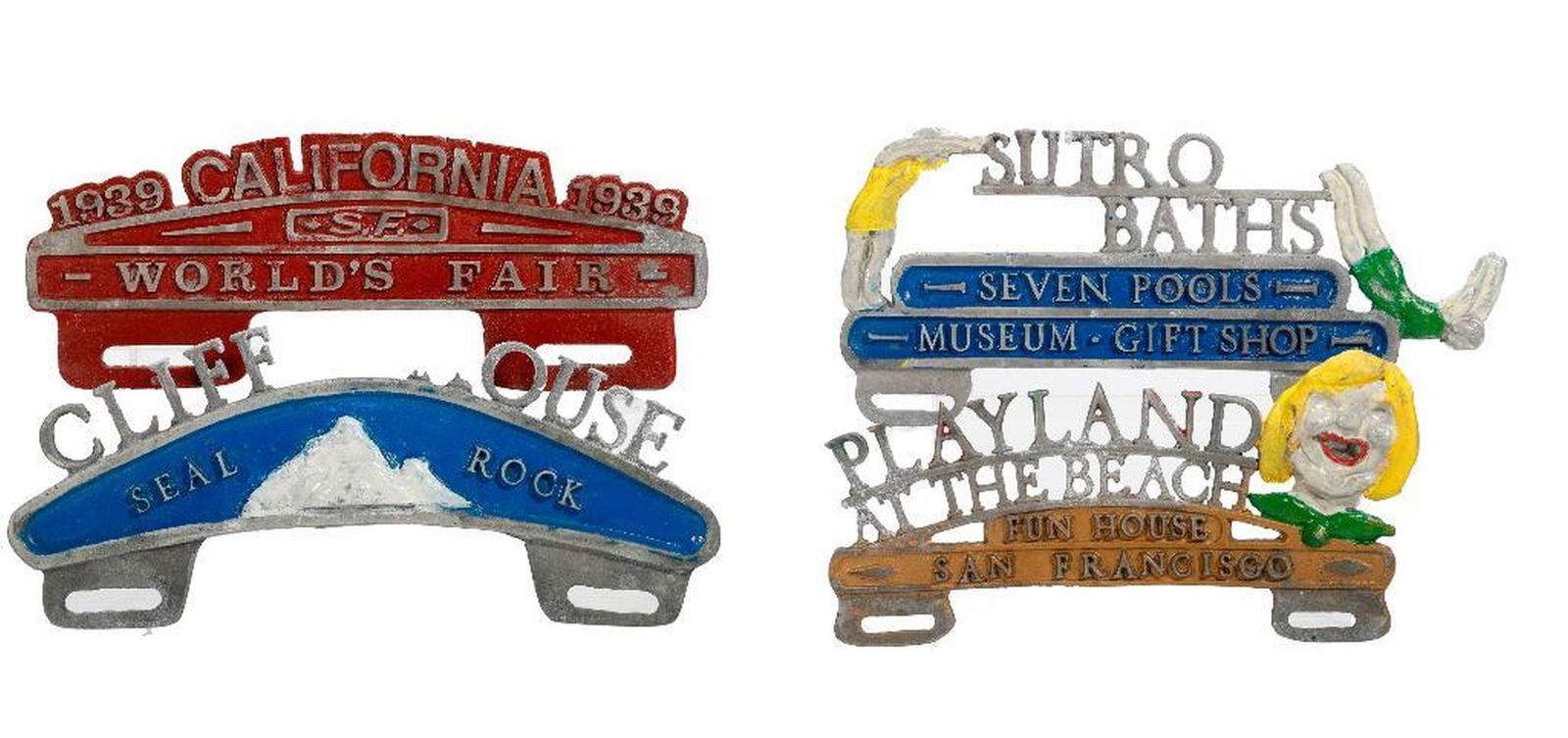 Four License Plate Toppers, San Francisco: A group of vintage cast aluminum license plate toppers: 1.) Sutro Baths, Seven Pools, Museum, Gift Shop (swimmers) 2.) Cliff House, Seal Rock; Playland At the Beach, Fun House (Laughing Sal) 3.)