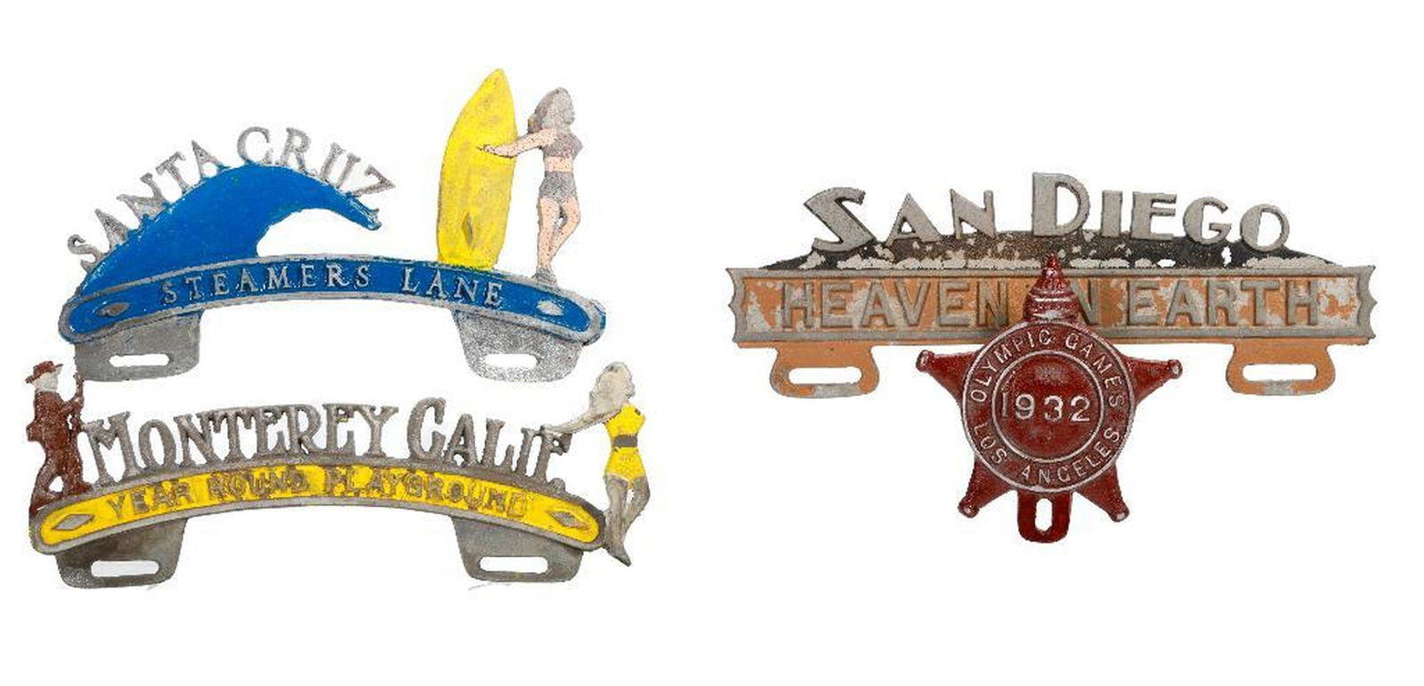 Four License Plate Toppers, California: A group of vintage cast aluminum license plate toppers: 1.) 1932 Olympic Games, Los Angeles (fob topper). 2.) Monterey Calif., Year Round Playground. 3.) San Diego, Heaven on Earth. 4.) Santa Cruz,