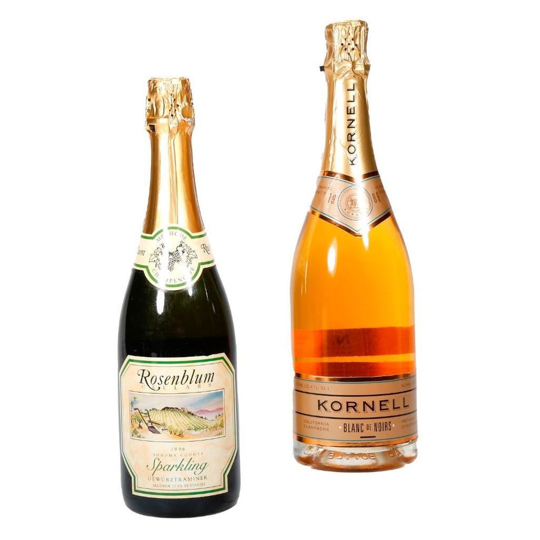 Five Vintage California Sparkling Wines: Comprising (3) 1988 Kornell Blanc De Noirs; a 1987 Schramsberg Blanc De Noirs; a 1996 Sparkling Gewurztraminer and a 2000 Prager Chardonnay [6 Total] Please note that Turner Auctions + Appraisals