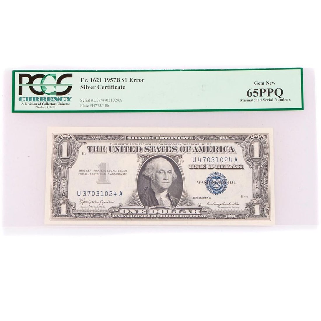 Fr. 1621 $1 1957B Silver Certificate (PCGS Gem New 65PPQ): Fr. 1621 $1 1957B Silver Certificate. PCGS Gem New 65PPQ. Bright paper and boardwalk margins are attributes of this popular U37/47 serial number mismatch error.