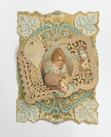 Vintage valentine card: female figure, raised openwork frame, gold and blue