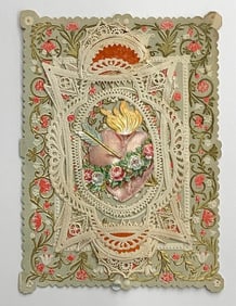 Vintage valentine card: arrow and flowers, raised openwork frame