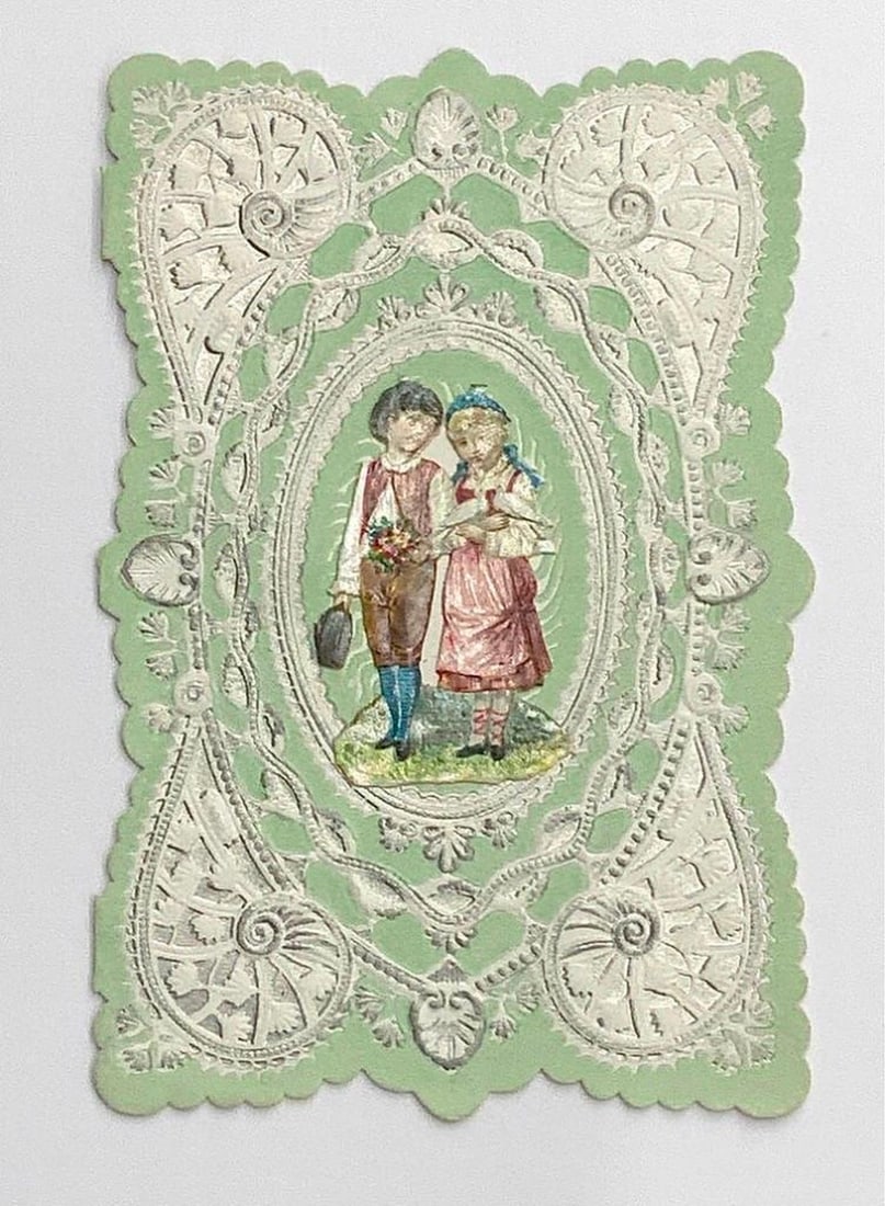 Vintage valentine card: green with boy and girl (1 of 1)