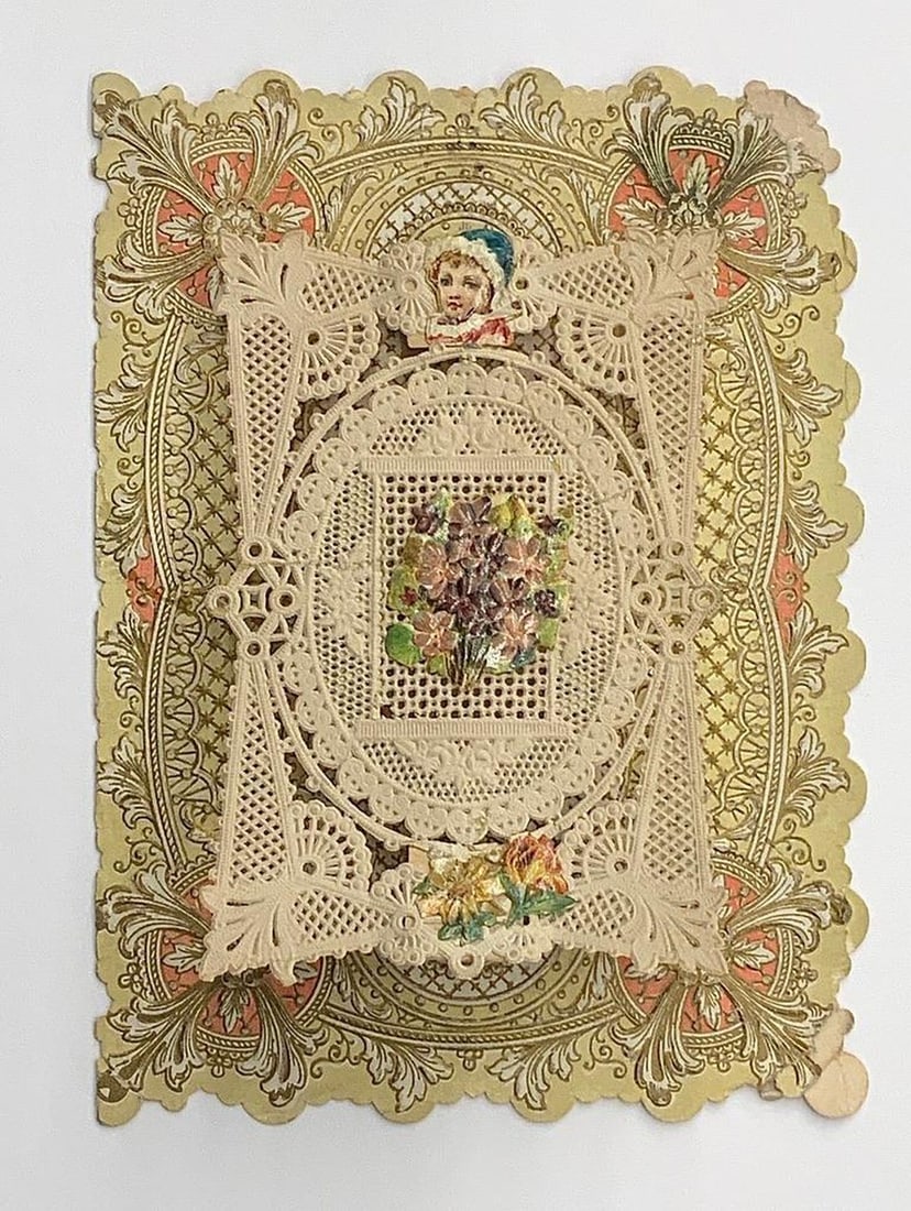 Vintage valentine card: flowers, raised openwork frame, yellow (1 of 1)