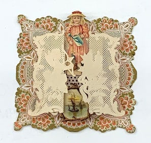 Vintage valentine card: girl with hat, raised openwork frame