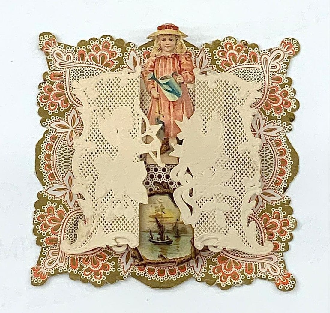 Vintage valentine card: girl with hat, raised openwork frame (1 of 1)