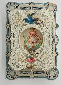 Vintage valentine card: girl with raised openwork frame, blue