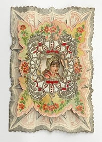 Vintage valentine card: girl with raised frame, silver