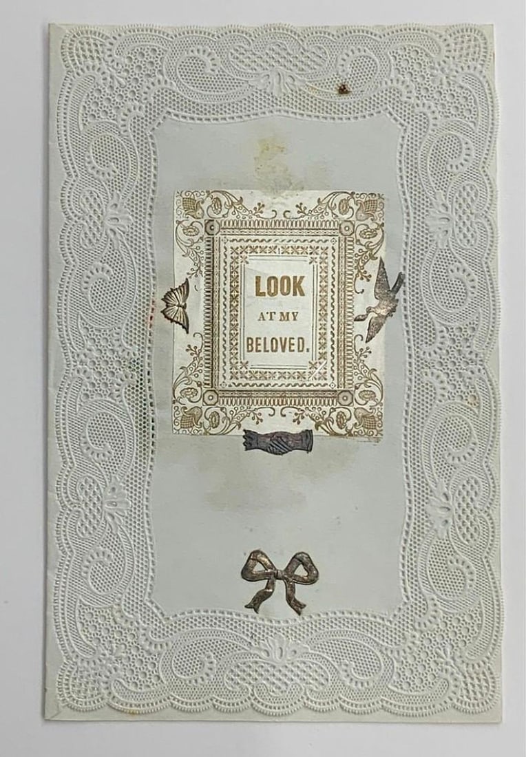 Vintage valentine card: mirror with “Look at my Beloved: Vintage Valentine card: mirror with "Look at my Beloved." Valentine with lift up flap with text "Look / At My / Beloved." on center, mirror below, white open ornate lace frame, silver butterfly and do