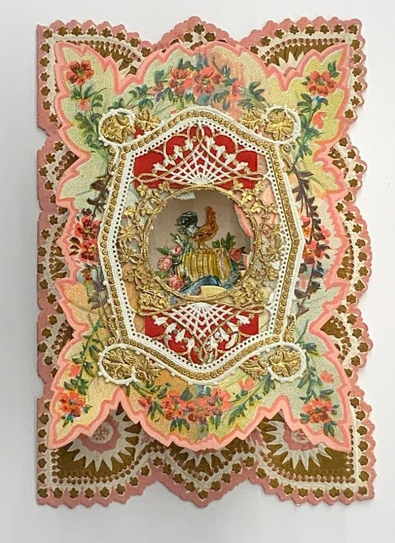 Vintage valentine card: rooster with raised openwork frame, gold and pink: Vintage Valentine card: rooster with raised openwork frame, gold and pink. Valentine with illustration of rooster on back, gold, light green and pink ornate frame with circular opening on center, gold