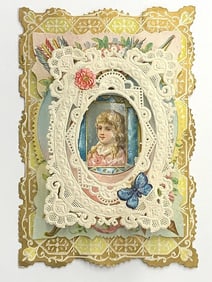 Valentine Card: girl with raised openwork frame, gold