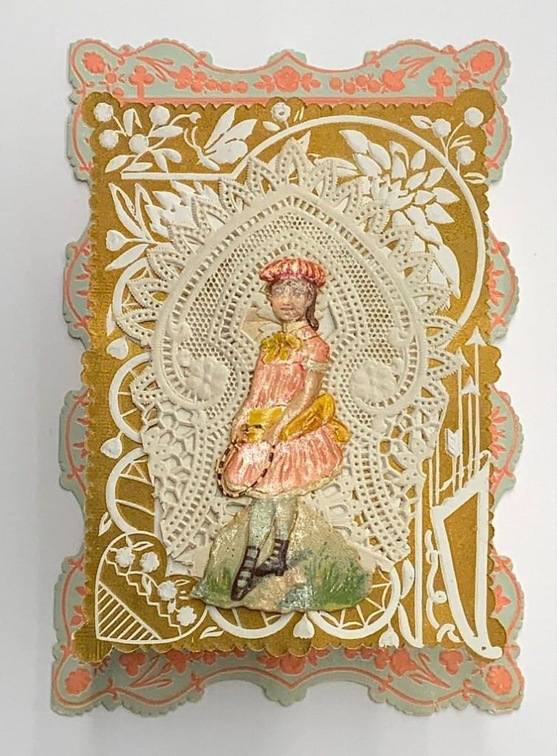 Valentine Card: girl with raised openwork frame, gold: Valentine with three tier frames, ivory ornate frame with young girl, gold & white pattern, blue & pink floral background; printed greetings inside. Medium: paper, ink. Source: The Old Print Shop, Inc