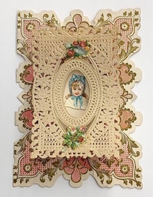 Valentine Card: girl with raised openwork frame, pink and gold