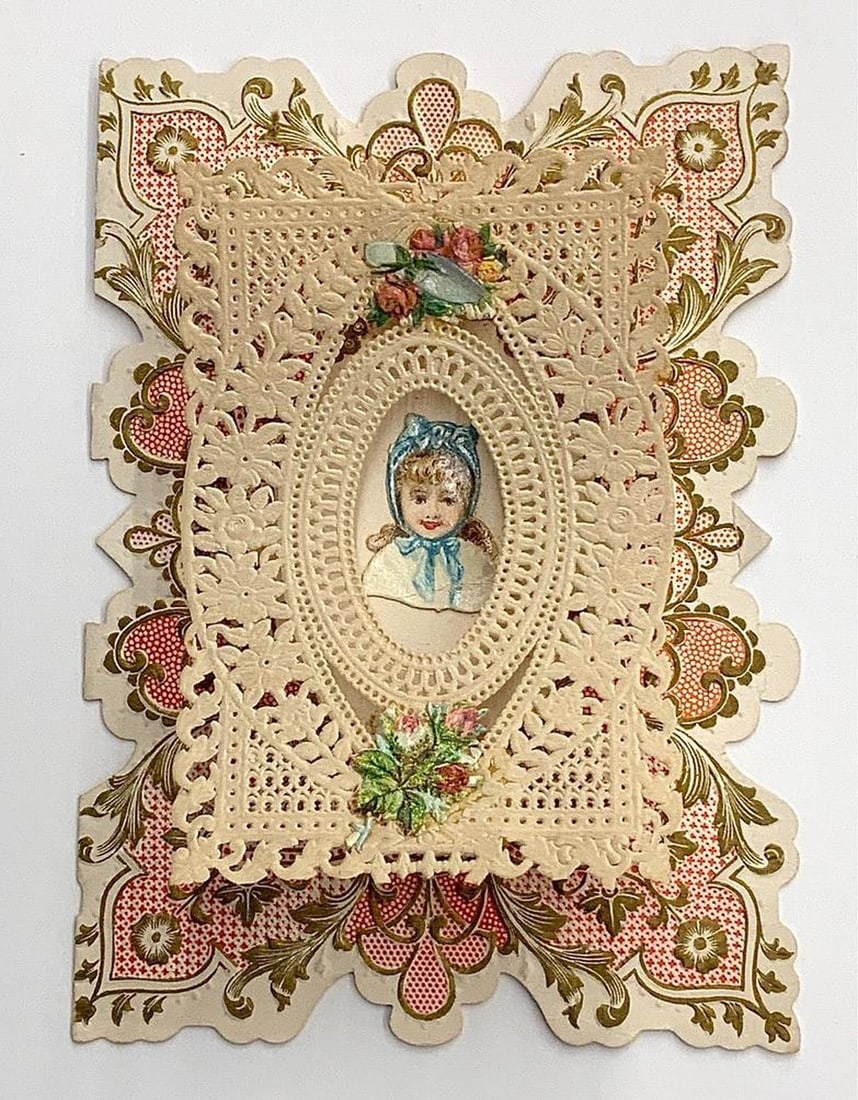 Valentine Card: girl with raised openwork frame, pink and gold (1 of 1)