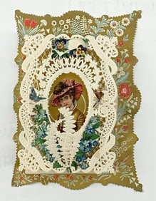 Valentine Card: female figure with raised openwork frame, gold