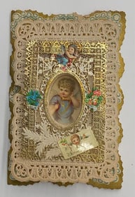 Valentine Card: cherub with raised openwork frame, "Nothing Harm You"
