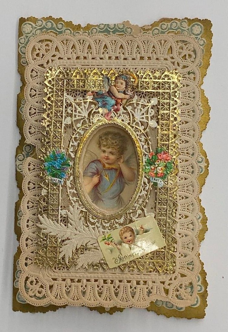 Valentine Card: cherub with raised openwork frame, "Nothing Harm You" (1 of 1)