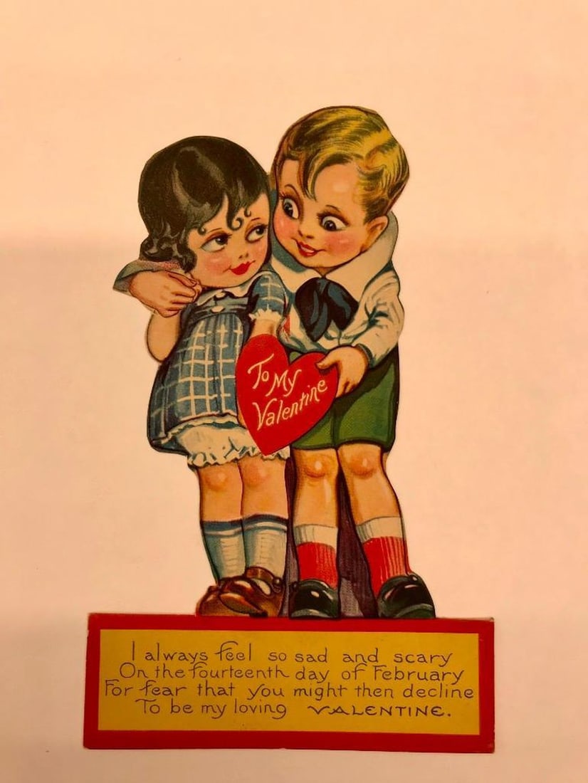 Valentine Card: I Always Feel So Sad And Scary: Valentine with color illustration of boy with arm around girl and offering heart-shaped card, poem at bottom. Medium: paper, ink. Source: The Old Print Shop, Inc. Dimensions: 7 x 4 1/4 inches. Conditi