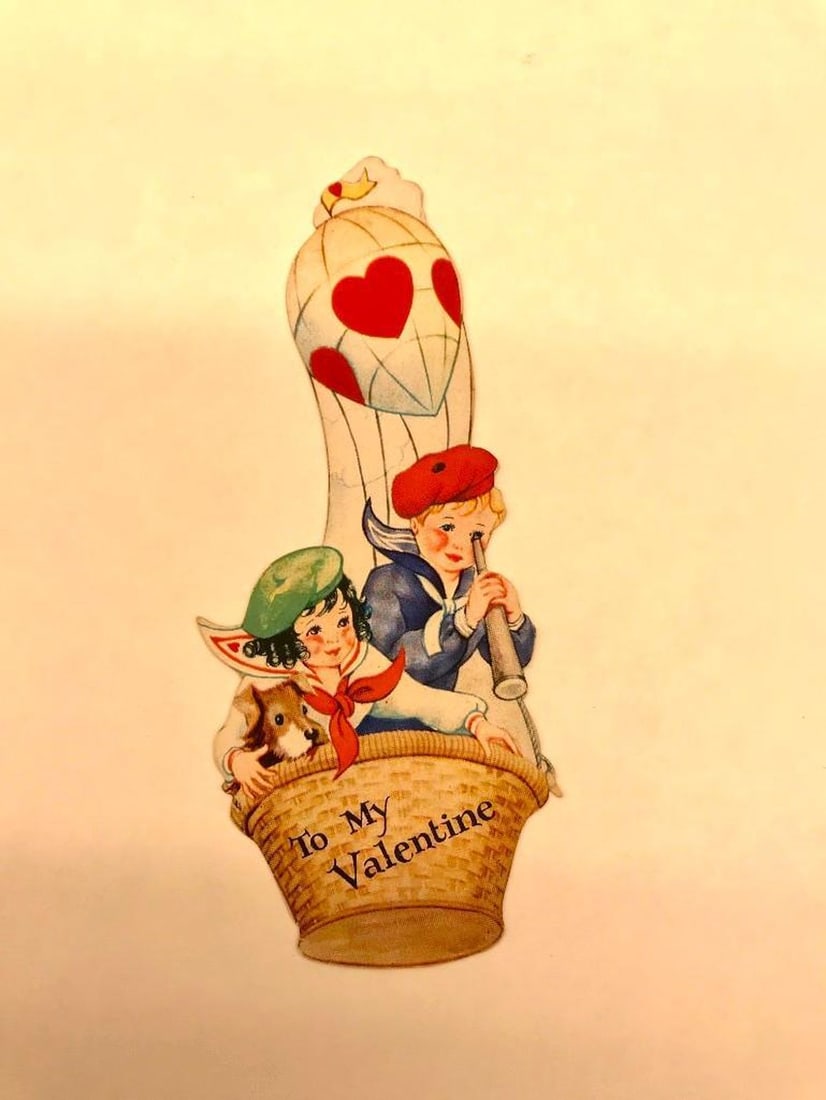 Valentine Card: girl and boy in balloon: Valentine card with illustration of girl and boy in basket of balloon with dog, boy holding telescope, printed greetings on reverse. Medium: paper, ink. Source: The Old Print Shop, Inc. Dimensions: 5