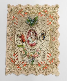 Valentine Card: girl with raised openwork frame, pink and white