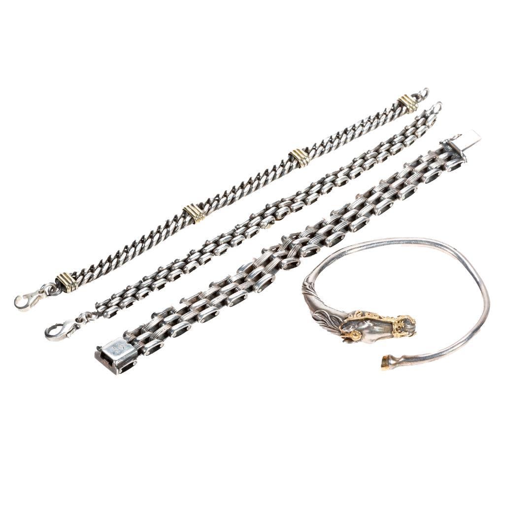 Four silver and gold bracelets: including a horse motif bangle with French assay mark; gross weight approximately: 126.5 grams