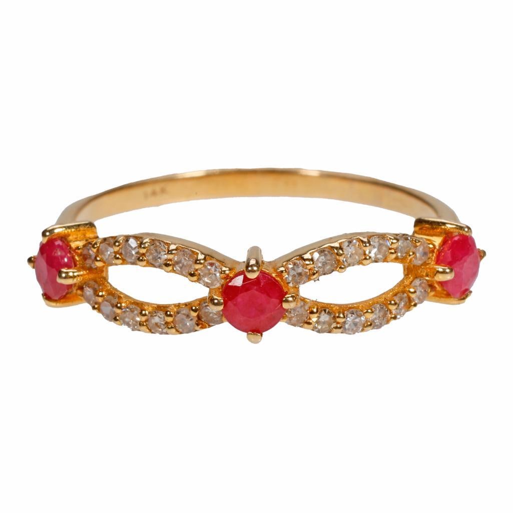 A ruby, diamond and 14k gold ring: set with three round rubies, and accented by 24 single-cut diamonds; weighing approximately 1.49 grams; size: 6 3/4