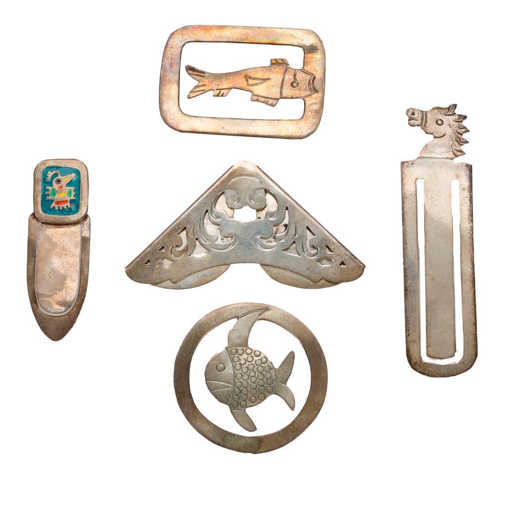 Five sterling silver book marks: including a Gorham 'corner page' design; gross weight approximately 21.99 grams