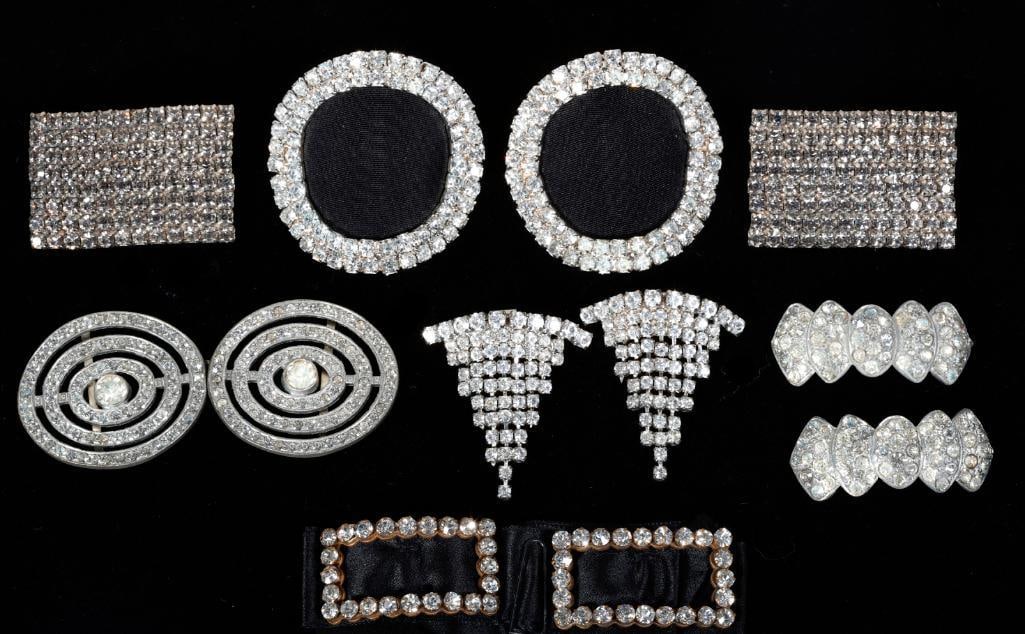 Six pairs of antique rhinestone buckles: including shoe and belt buckles