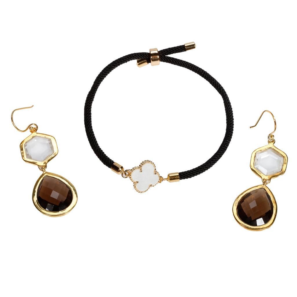 Mother-of-pearl, quartz and vermeil silver jewelry: the cord bracelet with a mother-of-pearl clover motif, adjustable size; together with a pair of pendant earrings, featuring round and pear-shaped quartz; earring length: 2 1/2 in.