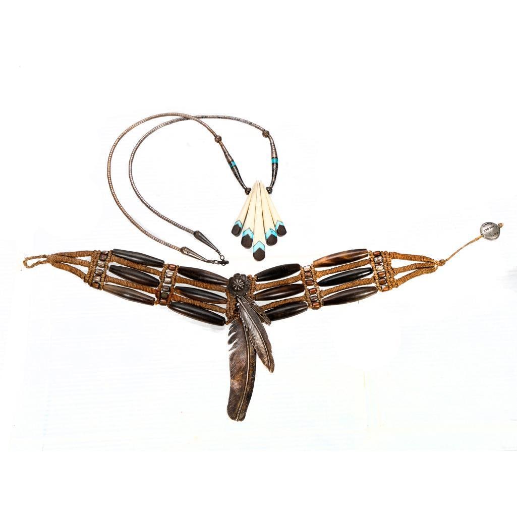 Vintage Native American Southwest Necklaces: Southwest Silver and Turquoise Necklaces, with a choker-style necklace designed by Mary & Doug Hancock. Length:13 1/2 (each)