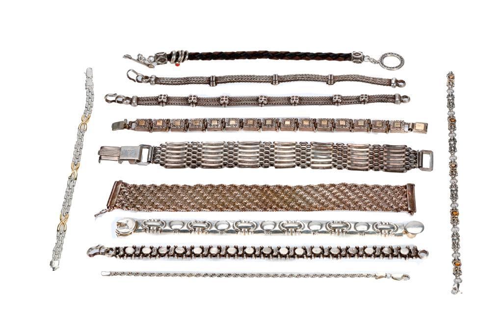 Eleven silver bracelets: including citrine and leather; several marked Italy, one marked HSB; gross weight approximately 265.15 grams