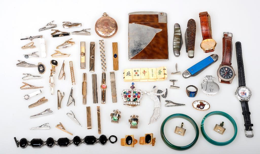 Collection of miscellaneous jewelry and accessories: approximately 100 pieces of gents accessories, watches, pocketknives and women's jewelry, including a Swiss Military + S.A.K. Design Wenger watch, and a mid-century Ronson Escort cigarette case/lighte