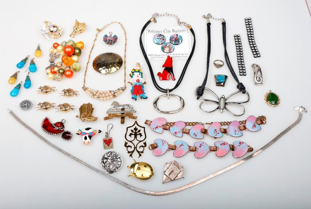 A group of costume jewelry & accessories: 75+ pieces, including silver, gold-filled, metal; 15 watches including Seiko, Lorus, Armitron and Bifora; buttons, beads, barrettes, pins, necklaces, bracelets and charms